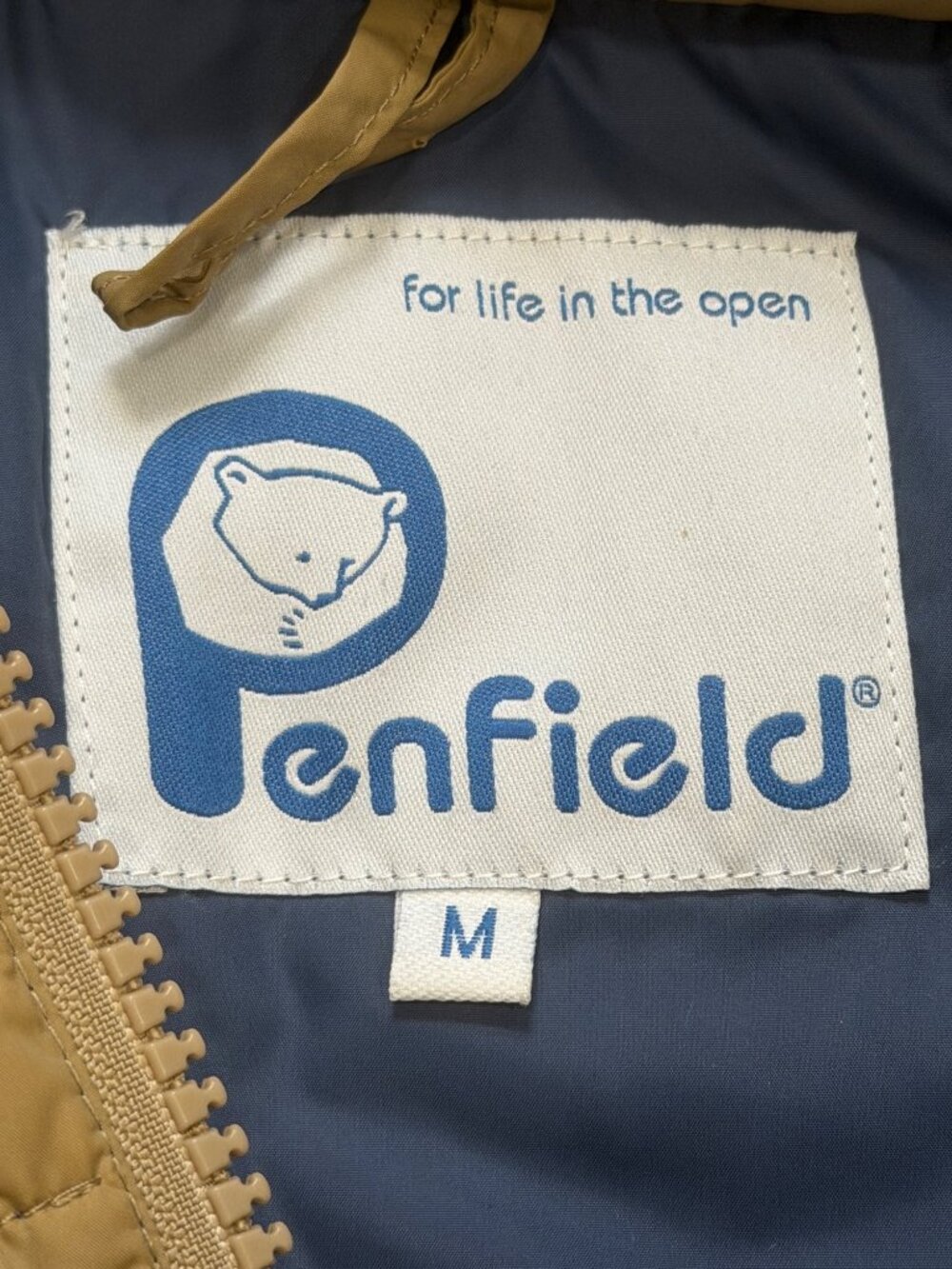 Vtg Penfield Mens Size M Puffer Jacket Down Hooded Winter Coat Tan Blue Outdoors - Picture 3 of 7